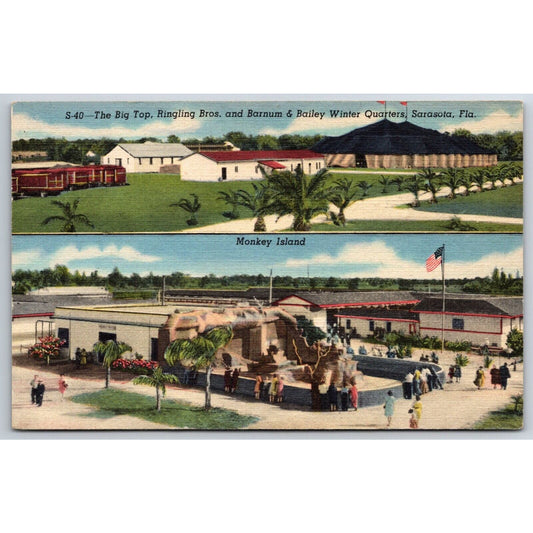 Big Top & Monkey Island Ringling Bros Sarasota Linen Postcard c1935-45 VGC