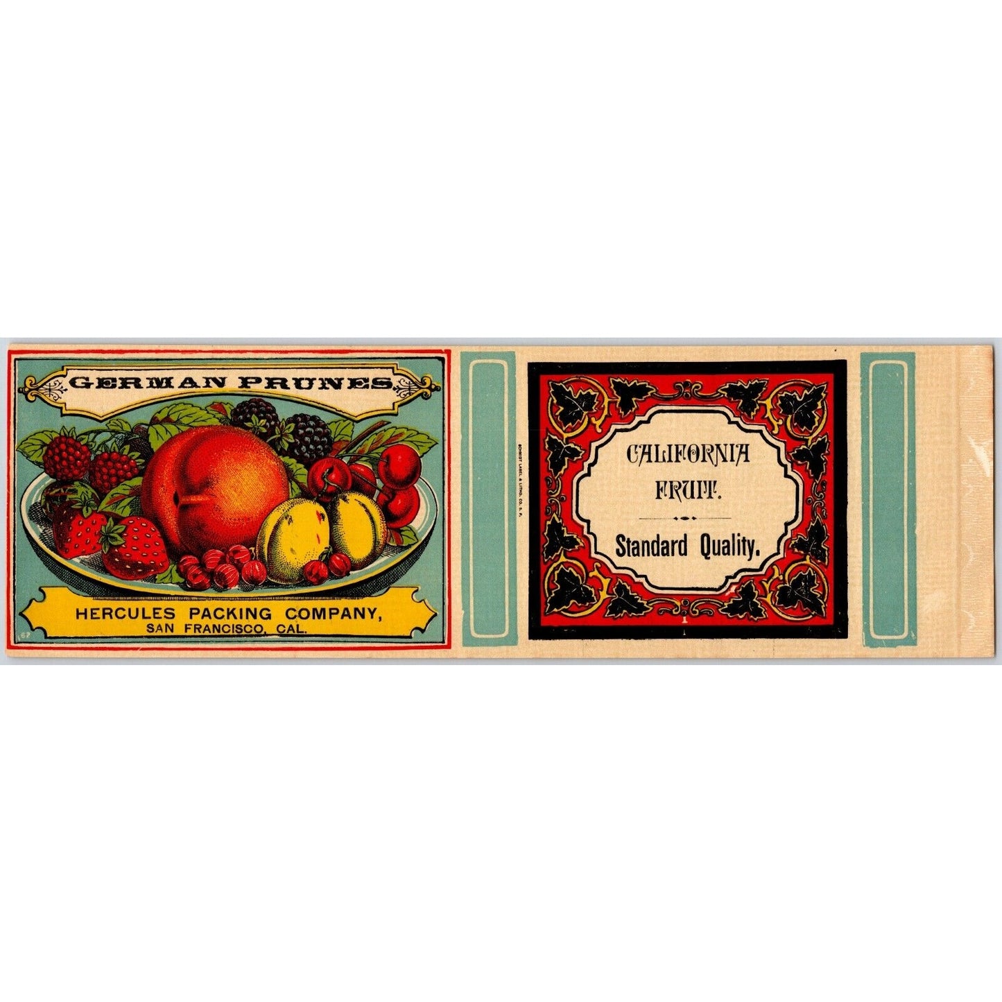 German Prunes Hercules Packing Co. SF, CA Paper Can Label c1890-1900 Scarce