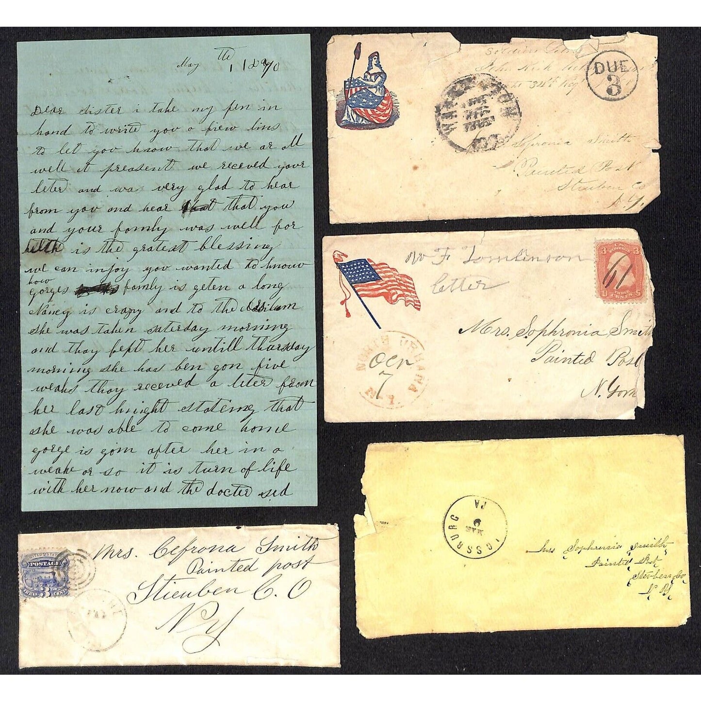 1870 ALS "Dear Sister" Steuben ?, NY + 2 Patriotic Color Covers