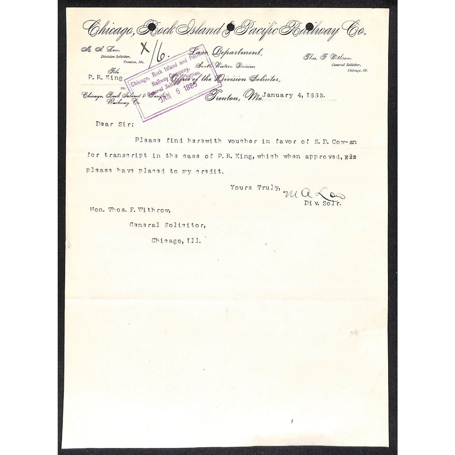 CRI&P Ry 1885 Law Department TLS Letterhead re: P.R King Case Transcript