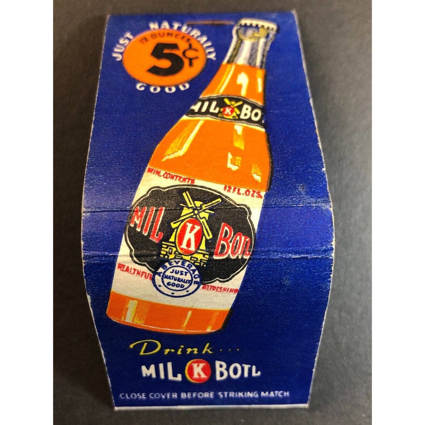 Mil K Botl Orange Soda Drink Full Length Full Matchbook c1940's VGC Scarce