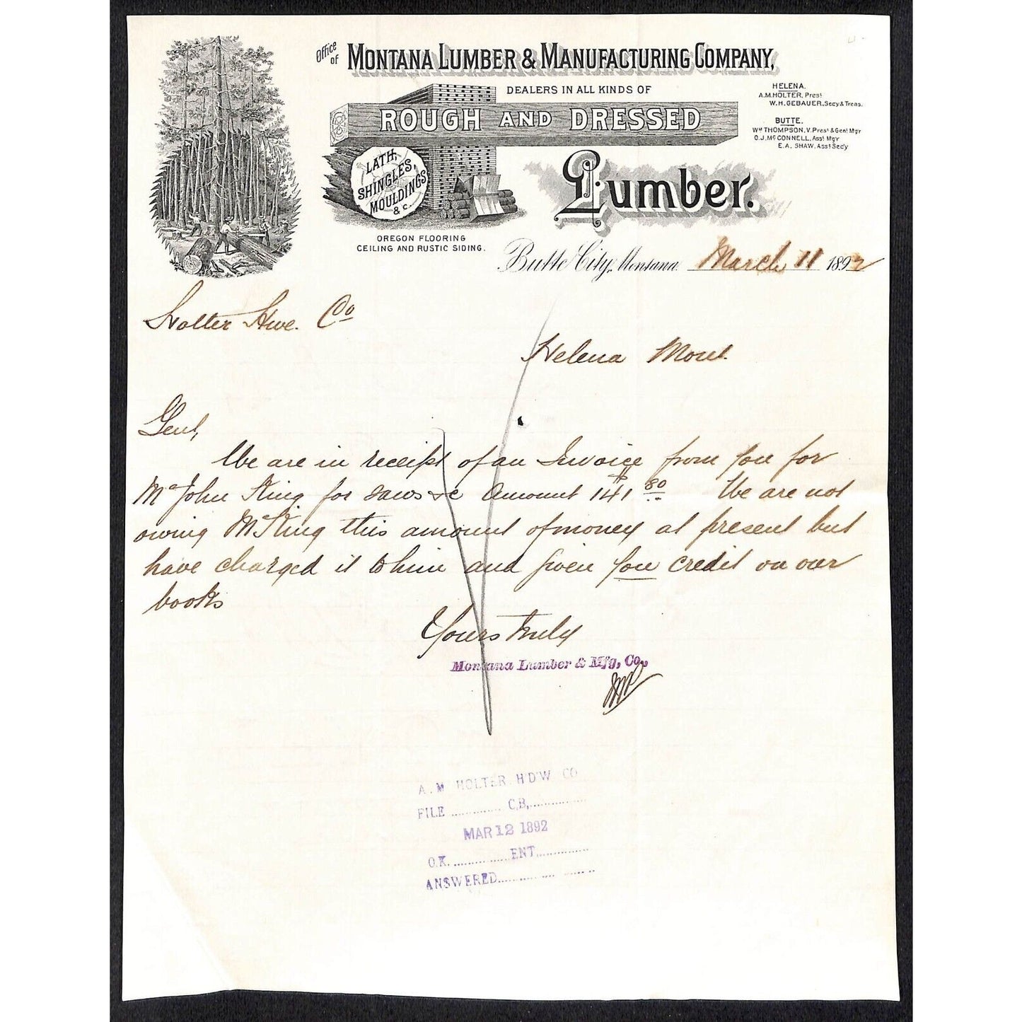 Montana Lumber Manufacturing Co Butte 1892 Letterhead to Holter Hardware, Helena