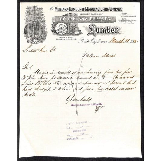 Montana Lumber Manufacturing Co Butte 1892 Letterhead to Holter Hardware, Helena