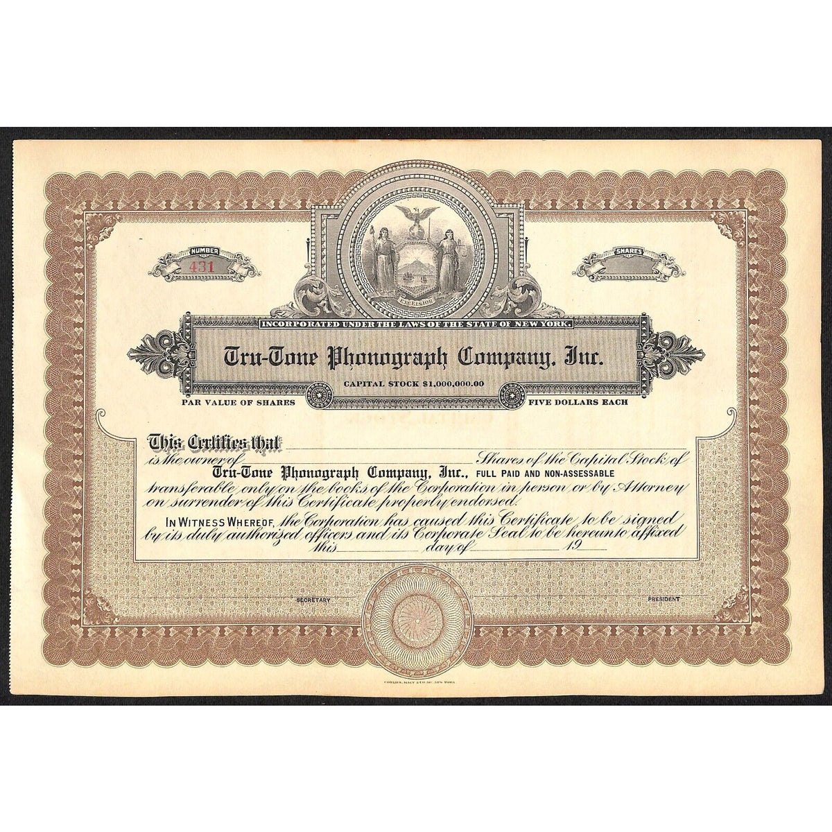 Tru-Tone Phonograph Company NY c1920's Stock Certificate Unissued VGC