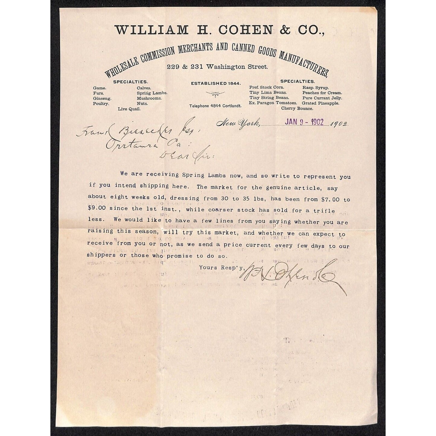 1902 William H. Cohen Merchants Washington St. NYC ALS Letterhead, Cover and Tag