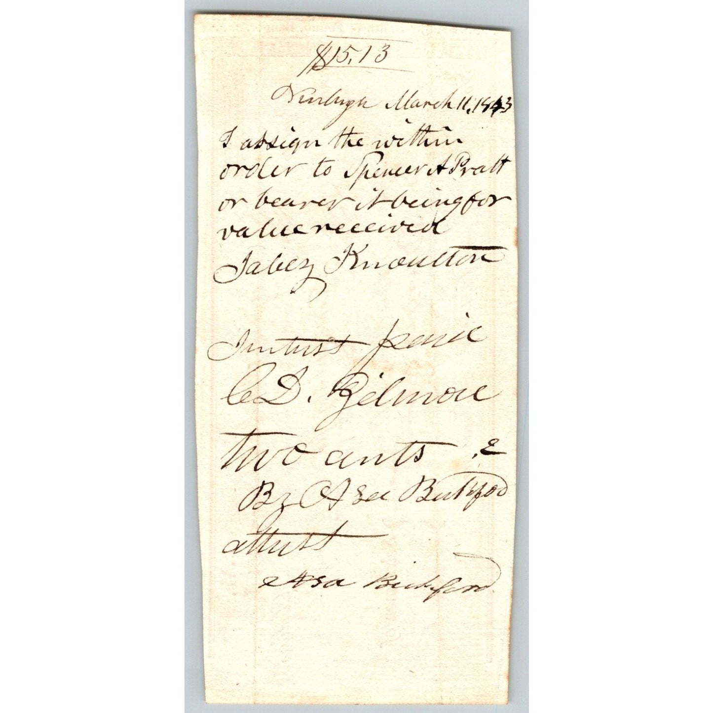 1843 Jabez Knowlton* Newburgh, ME Town Check / Draft to Jabez Knowlton No. 50