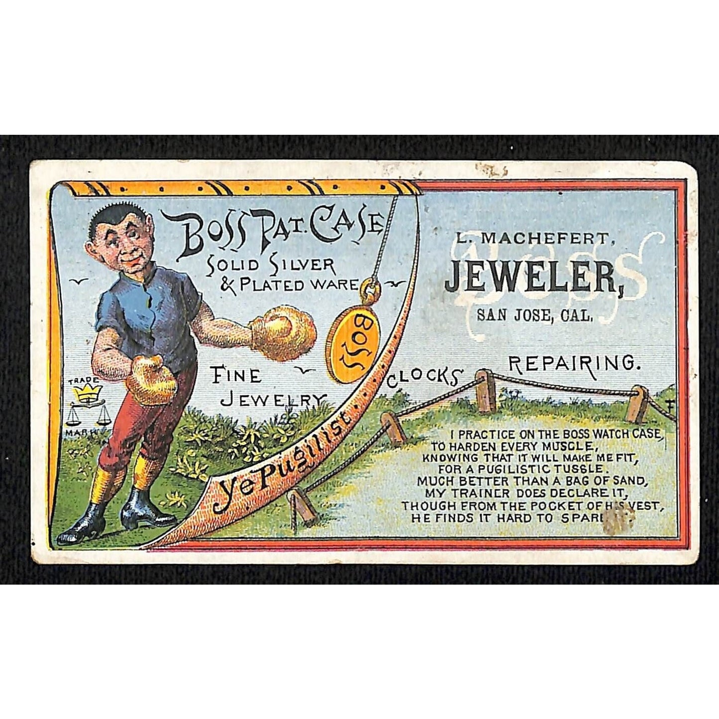 L. Machefert Jeweler San Jose, CA Victorian Trade Card Boss Watch Case