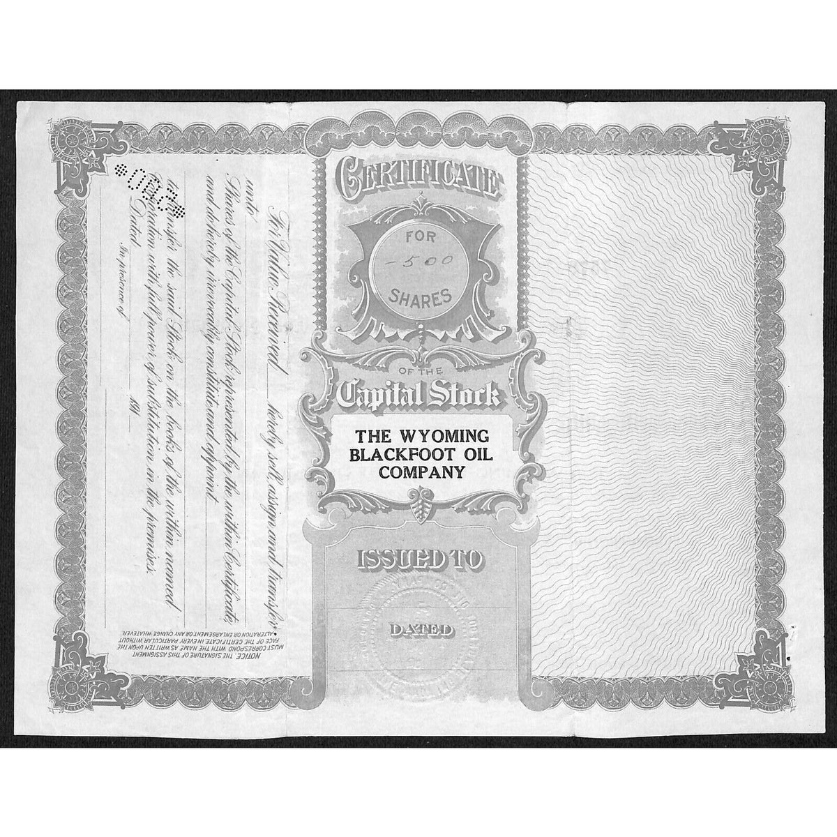 The Wyoming Blackfoot Oil Co. 1917 Stock Certificate Native American Vignette