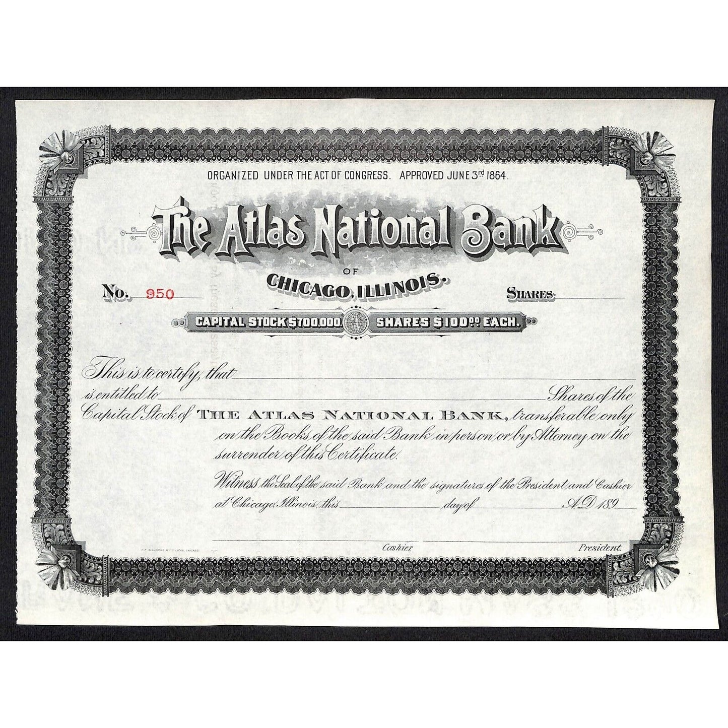 Atlas National Bank Chicago 1890's 189x Stock Certificate Unissued #950