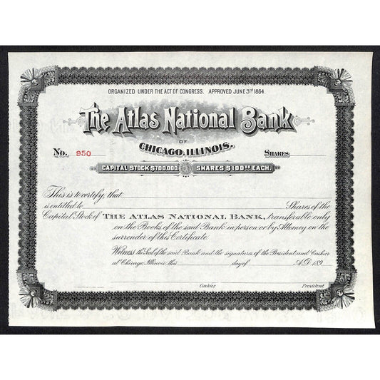 Atlas National Bank Chicago 1890's 189x Stock Certificate Unissued #950