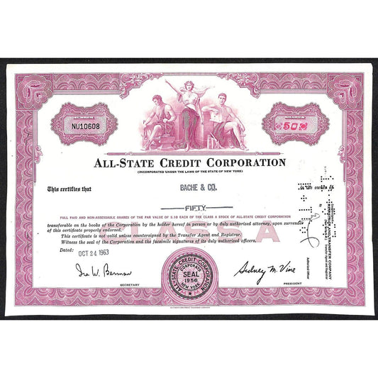 All State Credit Corporation NY 1963 Stock Certificate Bache & Co.