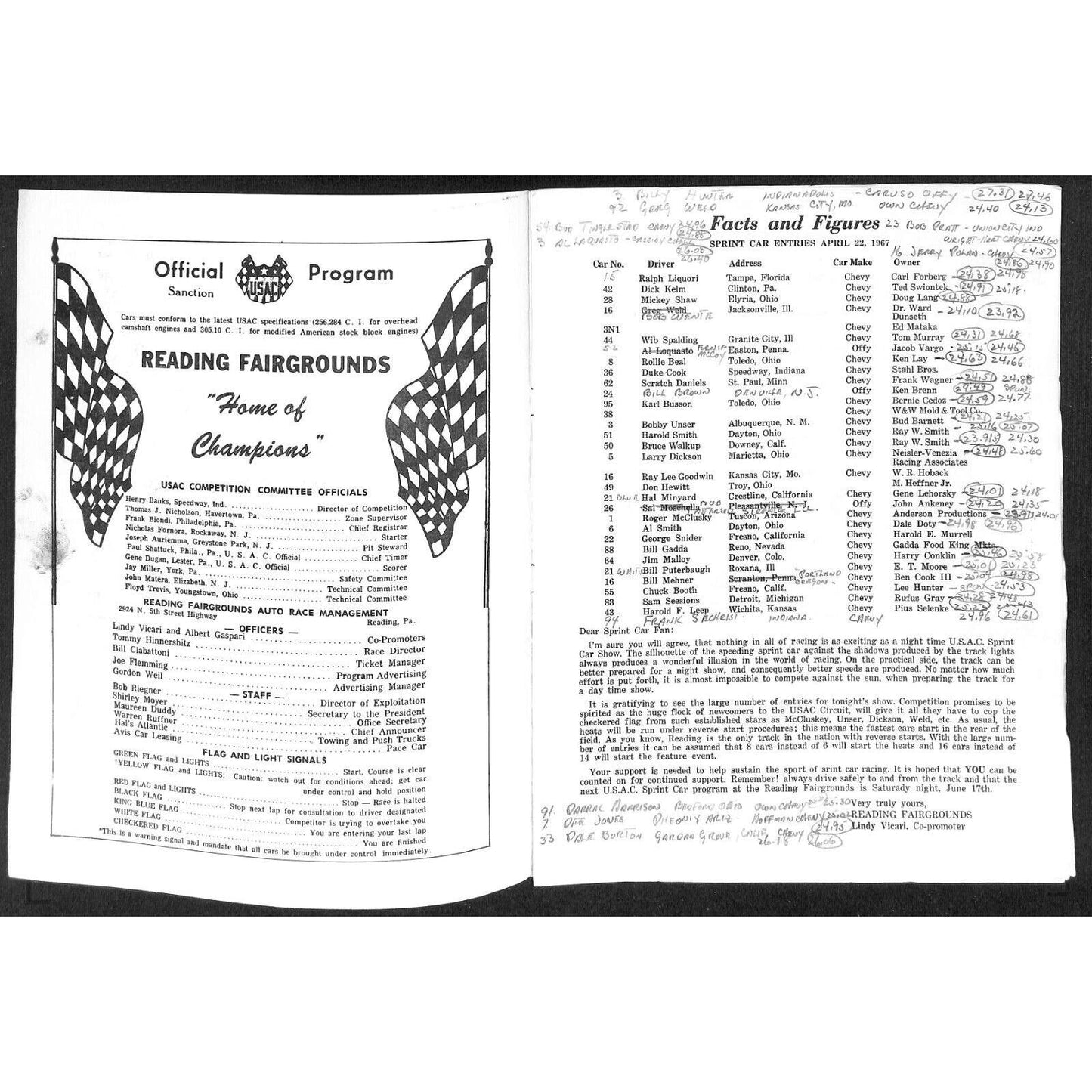 Reading Fairgrounds 1967 USAC Auto Races Program Sprint Car 8pp* Bobby Unser