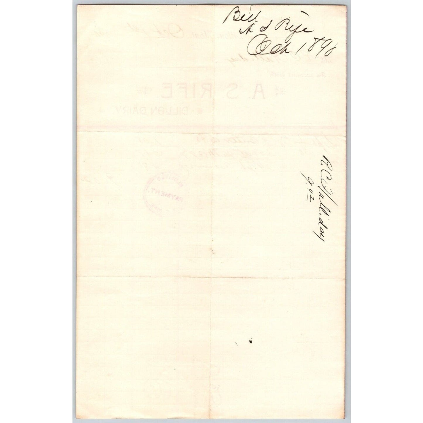 Dillon MT A.S. Rife Dillon Dairy 1890 44 1/2 Quarts Milk Billhead R.C. Halliday*
