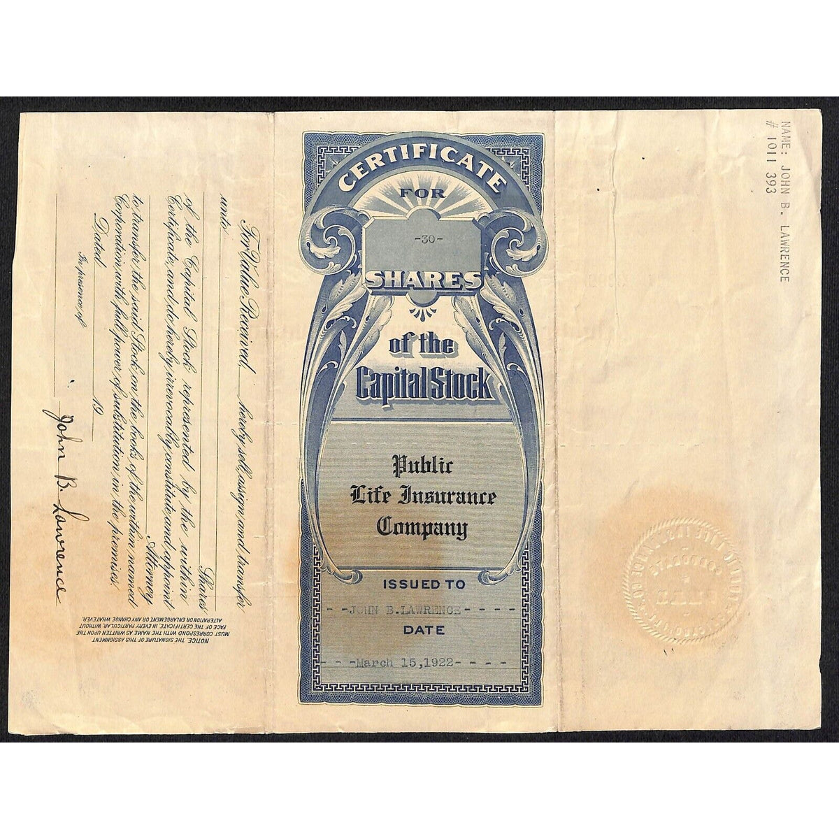 Public Life Insurance Co. Illinois 1922 Stock Certificate John B. Lawrence