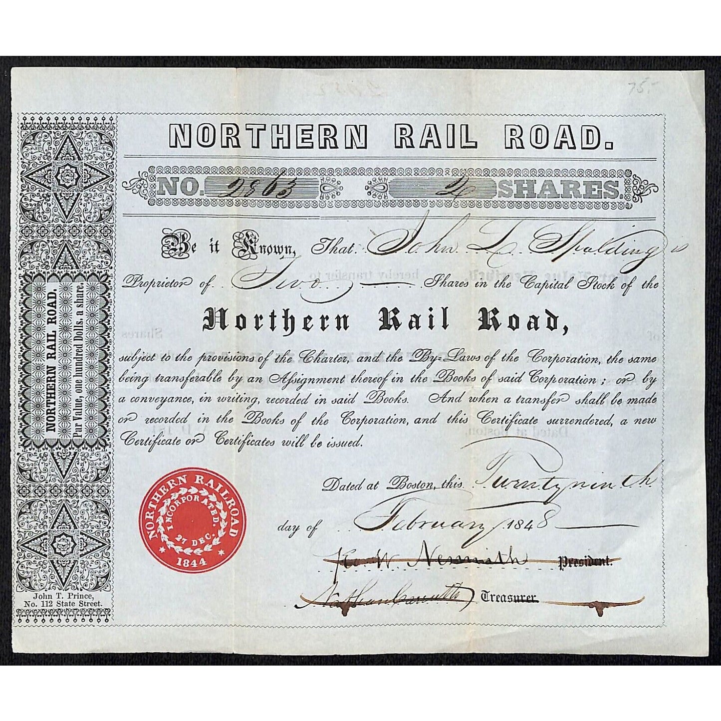 Northern Rail Road 1848 Stock Certificate John L. Spaulding
