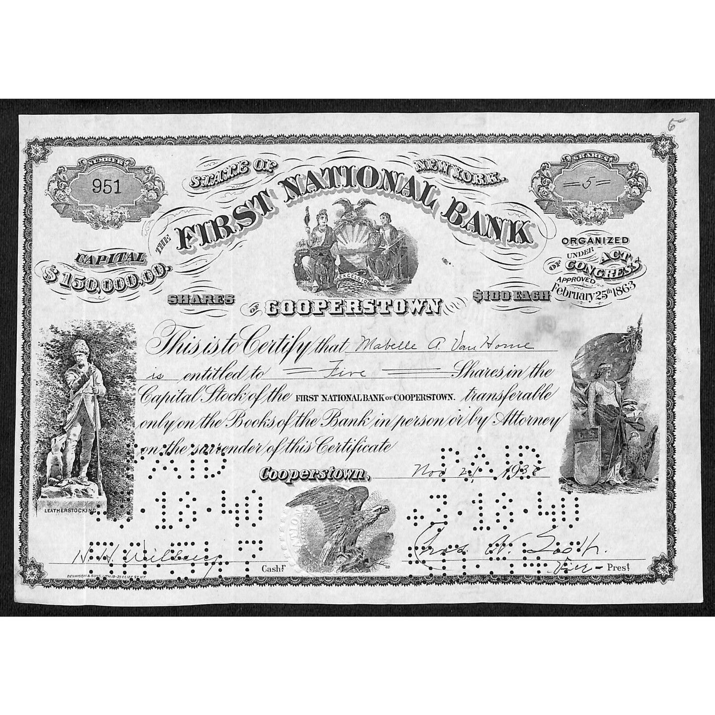 First National Bank of Cooperstown 1932 Stock Certificate Mabelle A. Van Horne