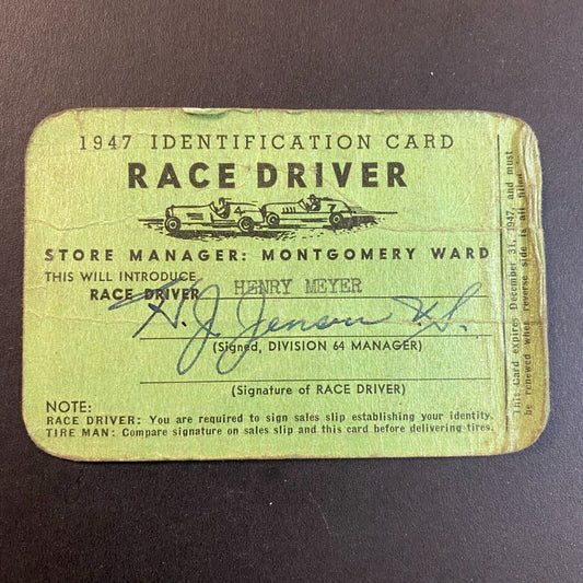 1947 Montgomery Ward "Race Driver" ID Card "Charles Henry Meyer" for Tires