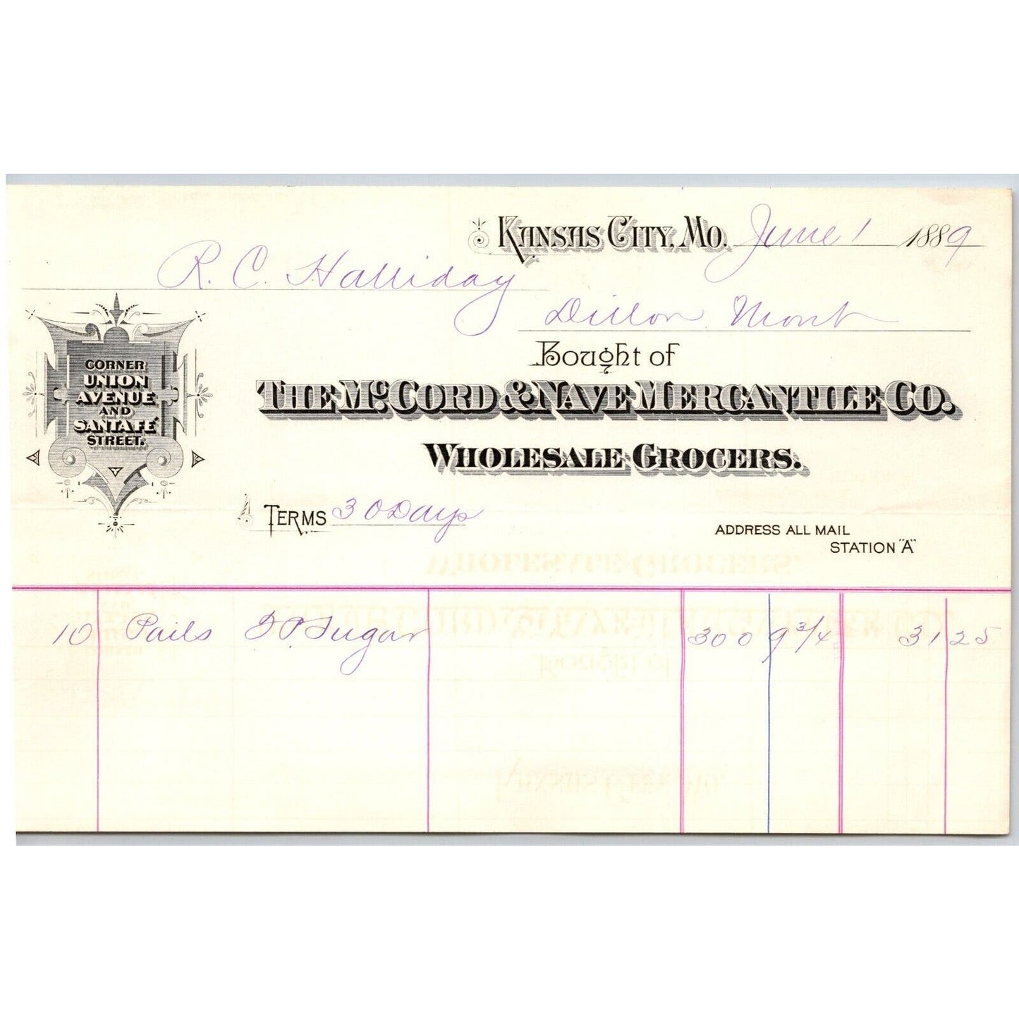Kansas City McCord & Nave Mercantile Co. Wholesale Grocers 1889 Billhead