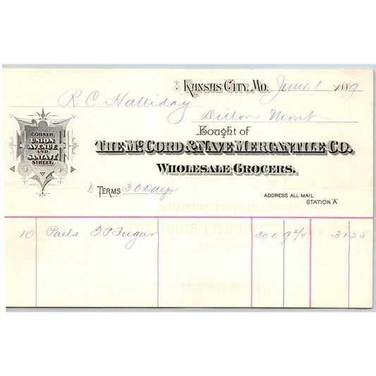 Kansas City McCord & Nave Mercantile Co. Wholesale Grocers 1889 Billhead