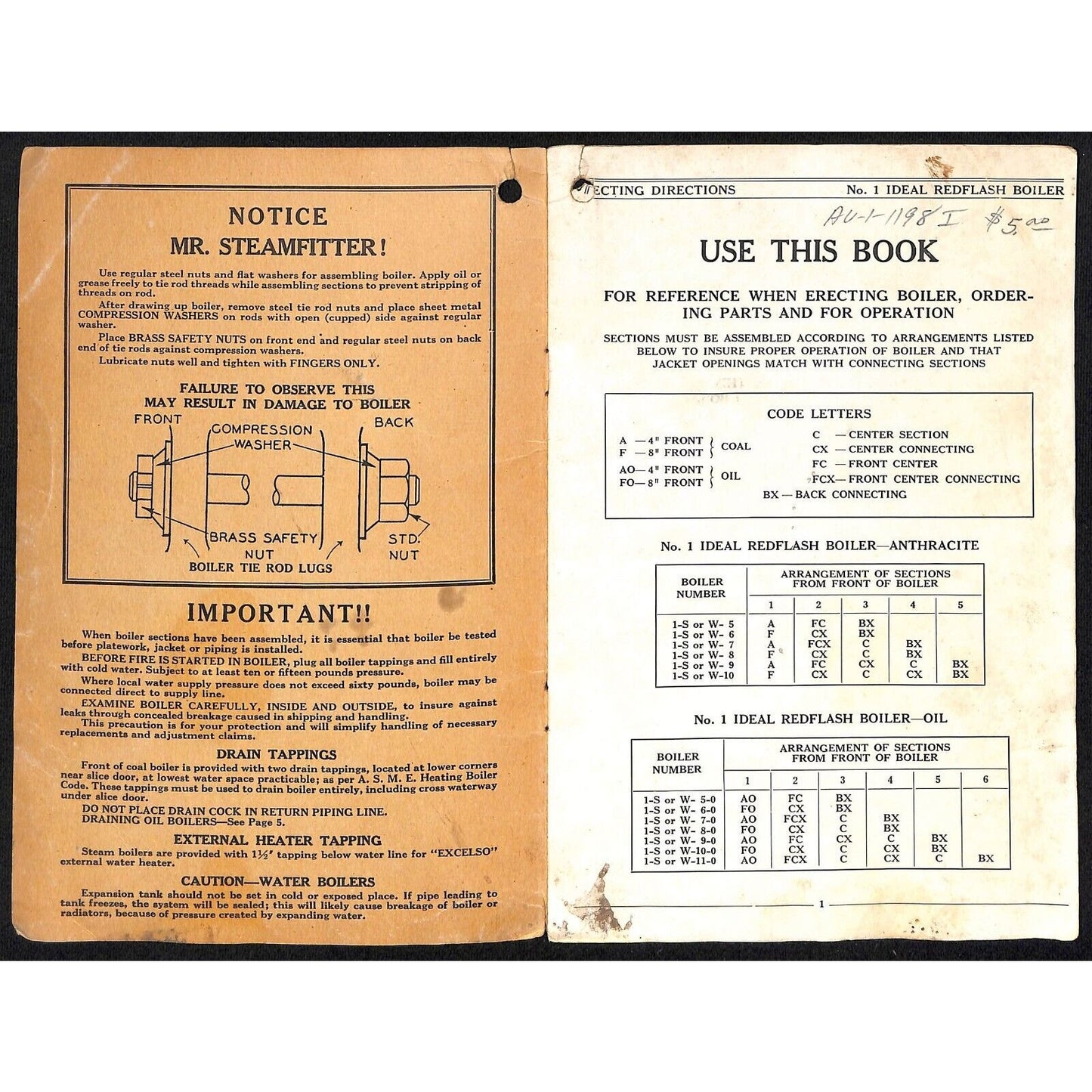 American Radiator 1935 No. 1 Ideal Redflash Boilers Erecting Instructions 12pp