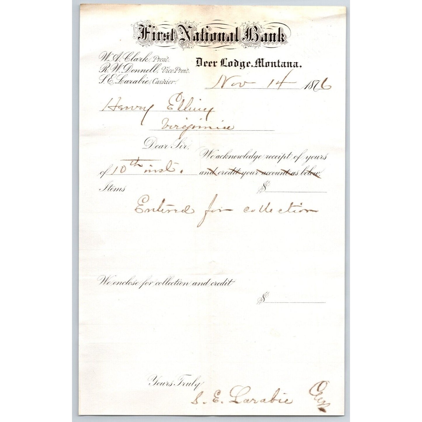 First National Bank Deer Lodge, MT 7/6 1876 Payment Advice Henry Elling*