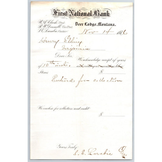 First National Bank Deer Lodge, MT 7/6 1876 Payment Advice Henry Elling*