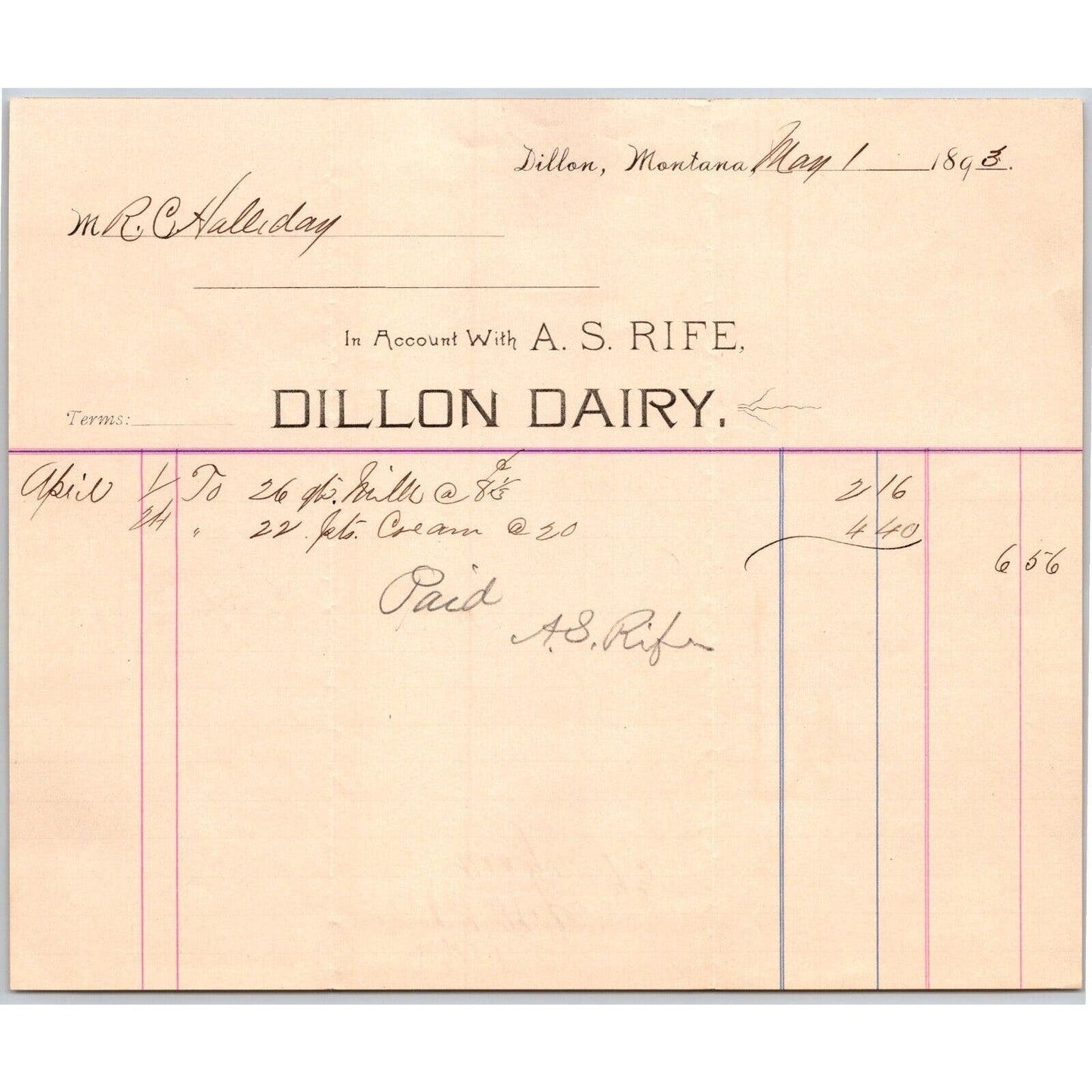 Dillon MT Dillon Dairy A.S. Rife 1893 Cream & Milk Billhead R.C. Halliday*