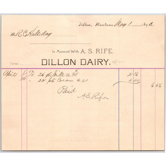Dillon MT Dillon Dairy A.S. Rife 1893 Cream & Milk Billhead R.C. Halliday*
