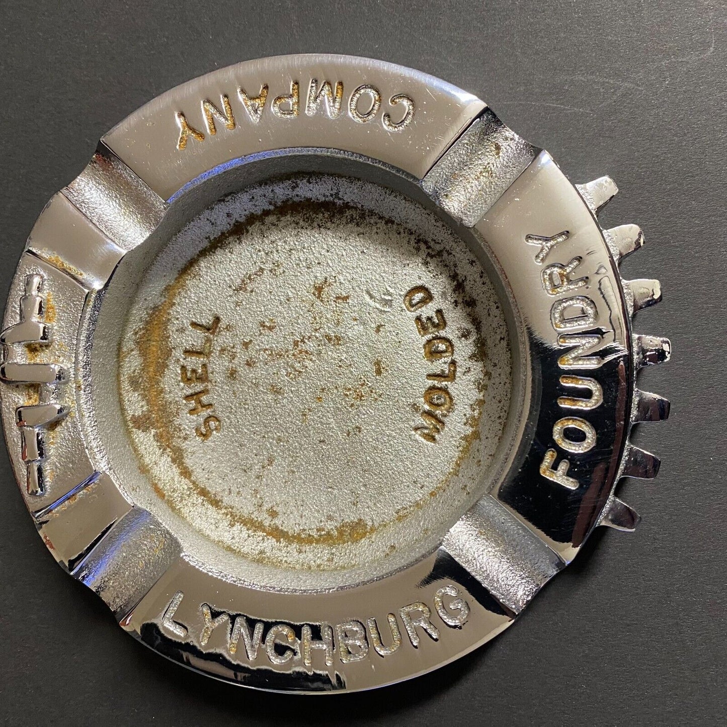 Lynchburg Foundry Company Chromed Cast Iron Ashtray w/ Crankshaft Gear Teeth