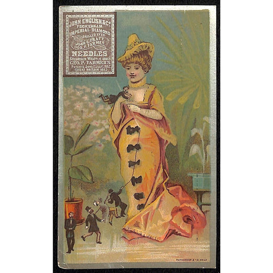 John English Needles / Edward Barlow Dry Goods Victorian Trade Card Exaggerated