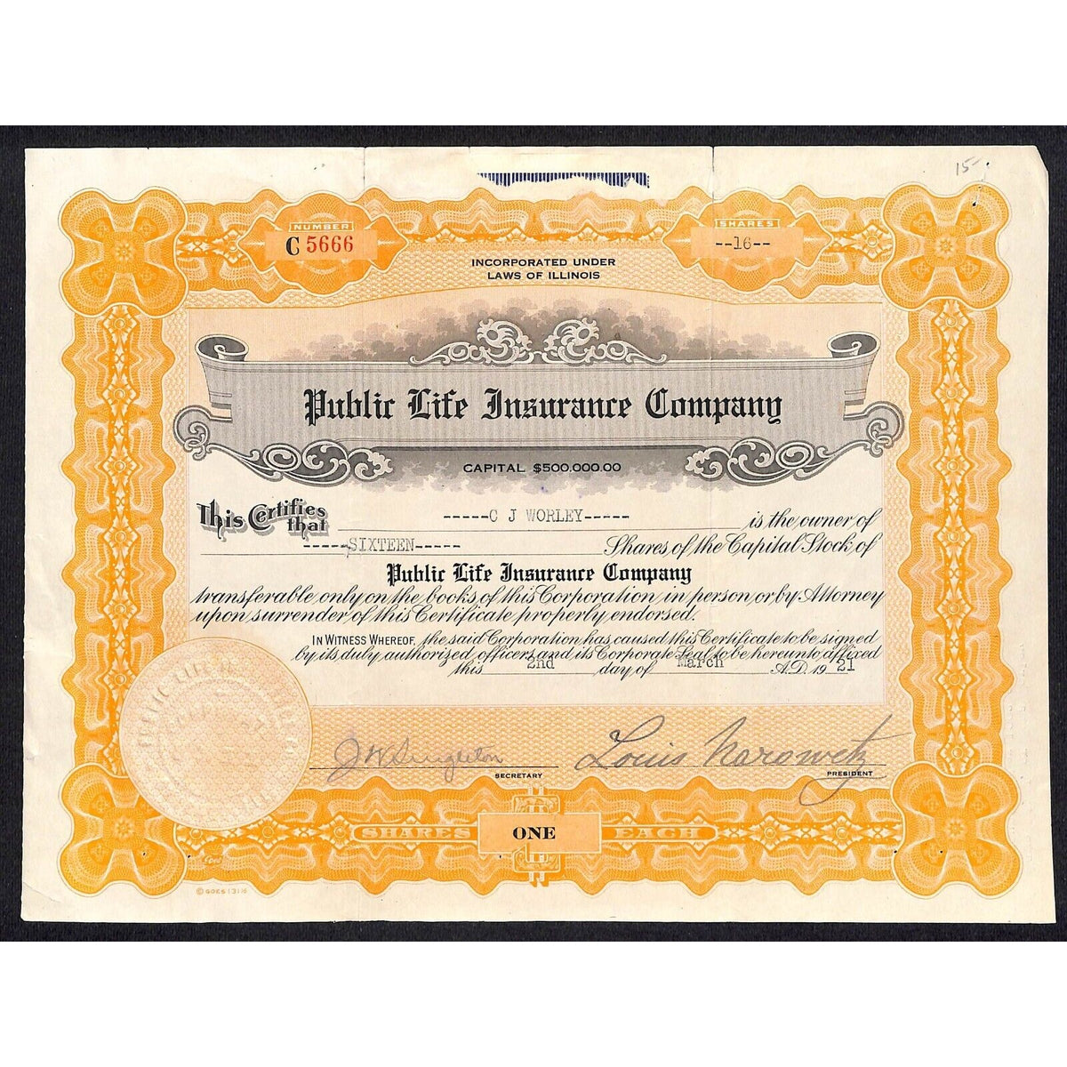 Public Life Insurance Co. Illinois 1921 Stock Certificate C.J. Worley