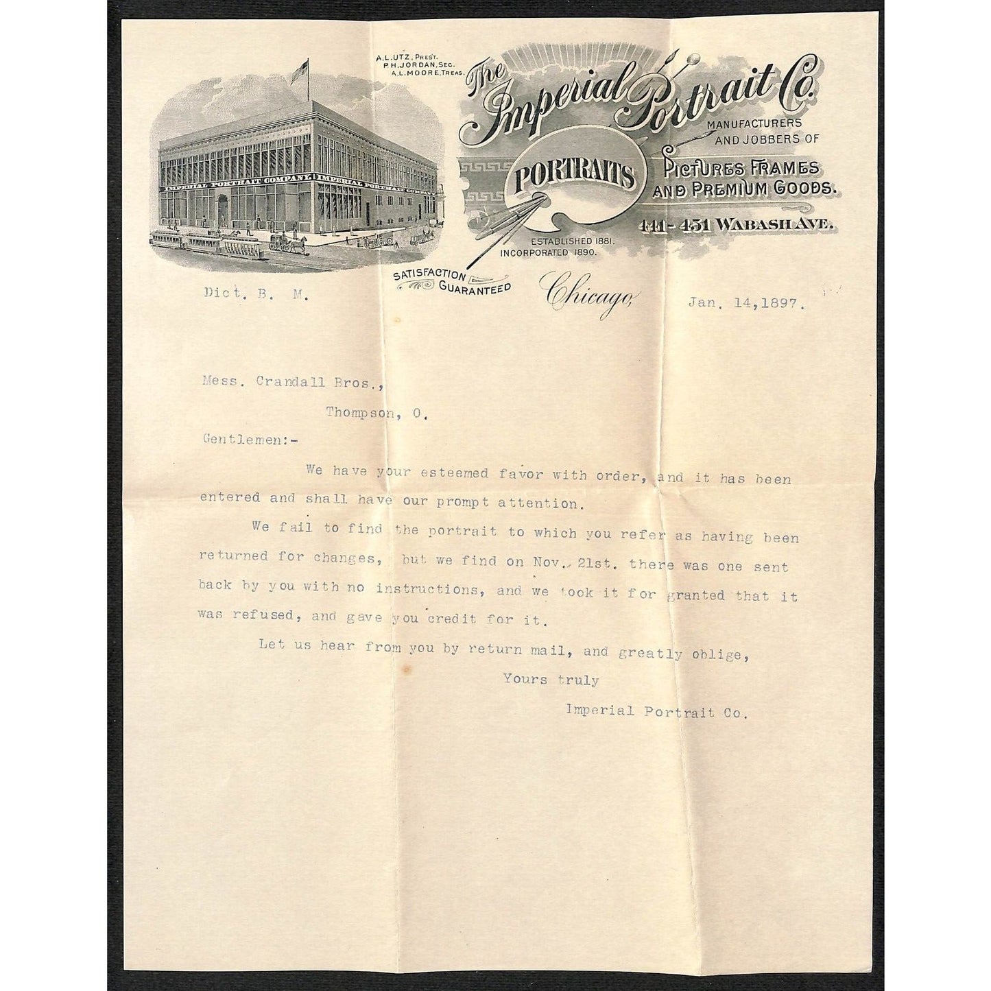 Imperial Portrait Co. Chicago 1897 Letterhead & Cover re: Returned Portrait