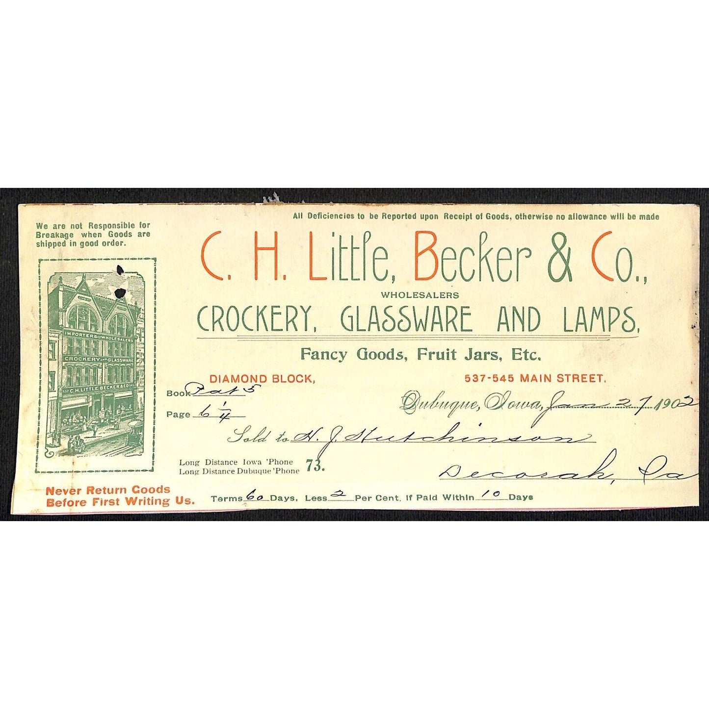 C.H. Little, Becker Co. Crockery Lamps Hutchinson Decorah IA* Cut 1902 Billhead