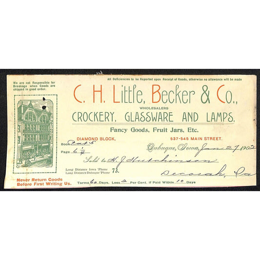 C.H. Little, Becker Co. Crockery Lamps Hutchinson Decorah IA* Cut 1902 Billhead