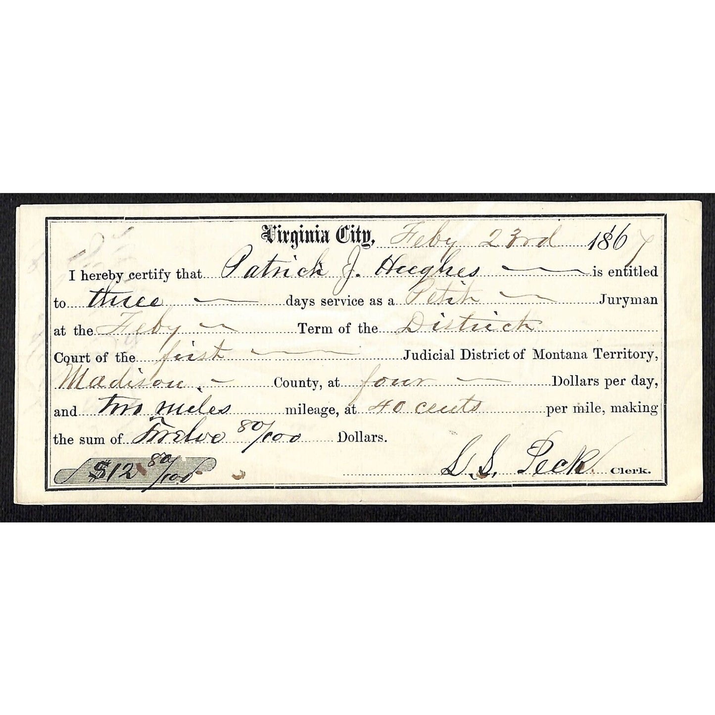 1867 Virginia City, MT Jury Duty Days Service & Mileage Warrant - Scarce