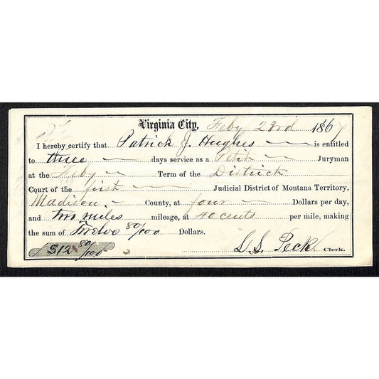 1867 Virginia City, MT Jury Duty Days Service & Mileage Warrant - Scarce