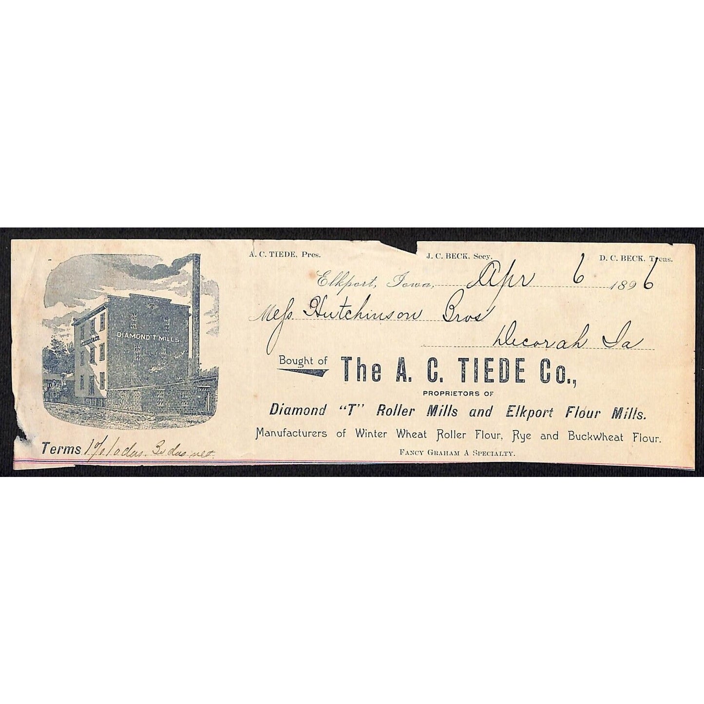 A.C. Tiede Co. Roller Mills Elkport Hutchinson Decorah IA* Cut 1896 Billhead