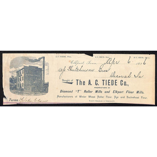 A.C. Tiede Co. Roller Mills Elkport Hutchinson Decorah IA* Cut 1896 Billhead