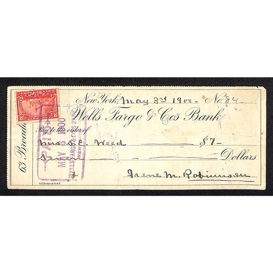 1900 Wells Fargo & Co Bank 63 Broadway NYC #84 Check w/ Rev Stamp Sarah C Weed