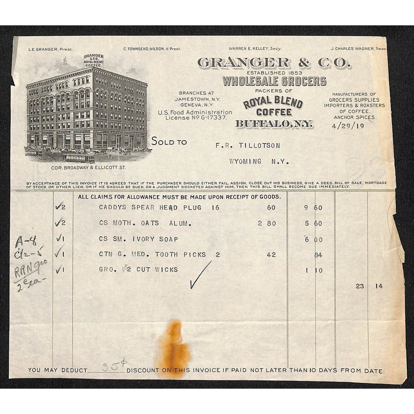 Buffalo, NY Granger & Co. Grocers Royal Blend Coffee Soap 1919 Billhead Vignette