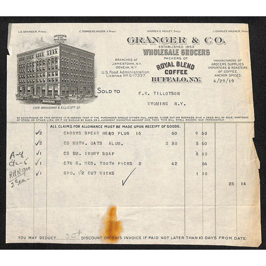Buffalo, NY Granger & Co. Grocers Royal Blend Coffee Soap 1919 Billhead Vignette