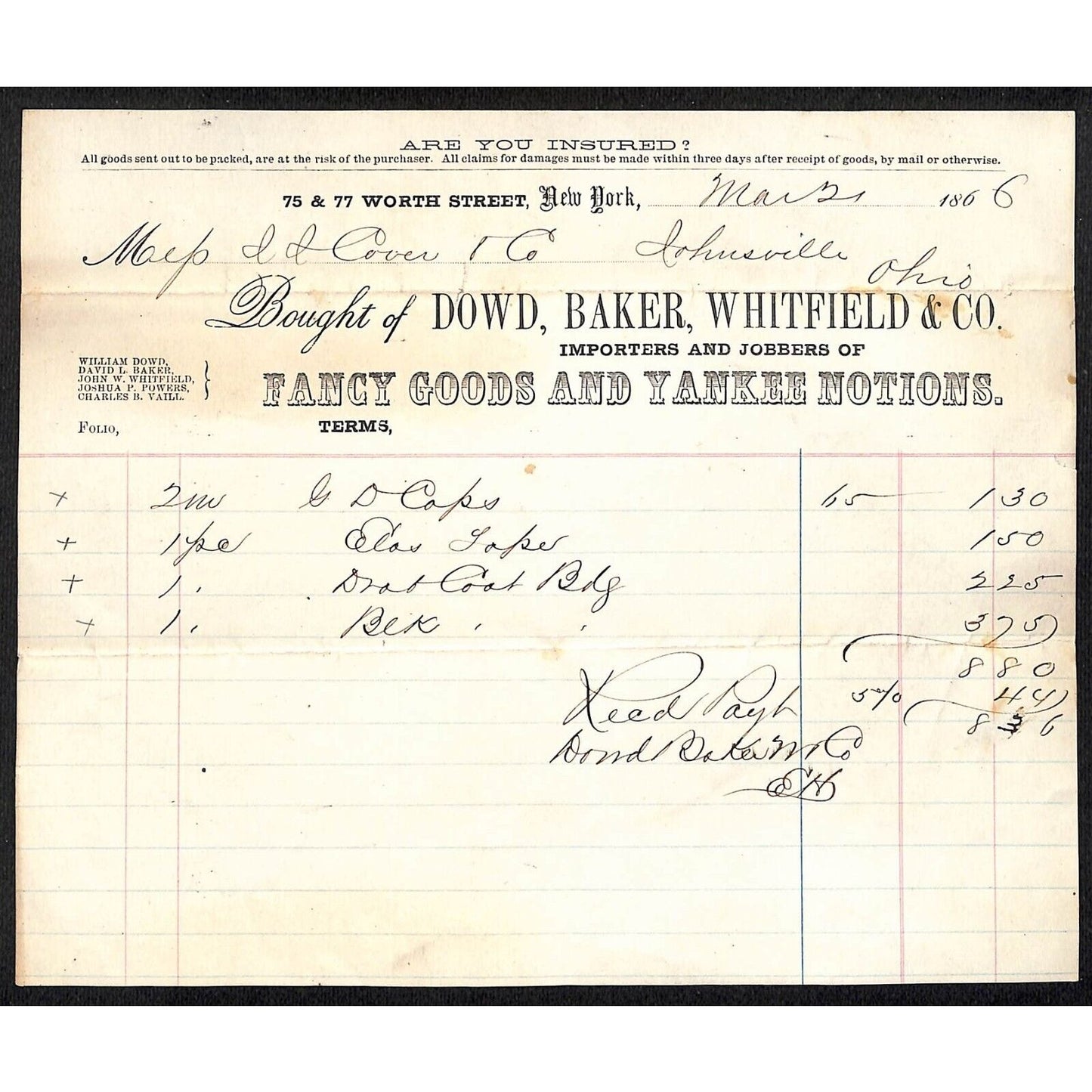 Dowd, Baker, Whitfield & Co. "Yankee Notions" NYC 1866 J.J. Cover* Billhead