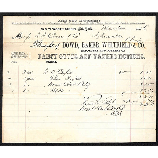Dowd, Baker, Whitfield & Co. "Yankee Notions" NYC 1866 J.J. Cover* Billhead