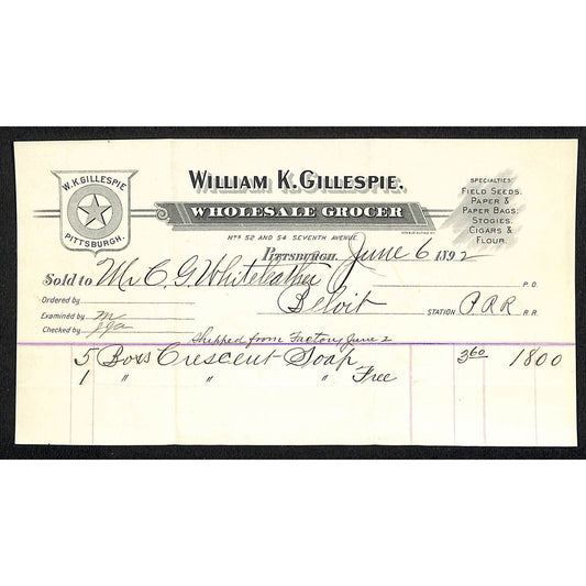 William K Gillespie Grocer Pitts. 1892 Billhead Whiteleather* N. Georgetown , OH