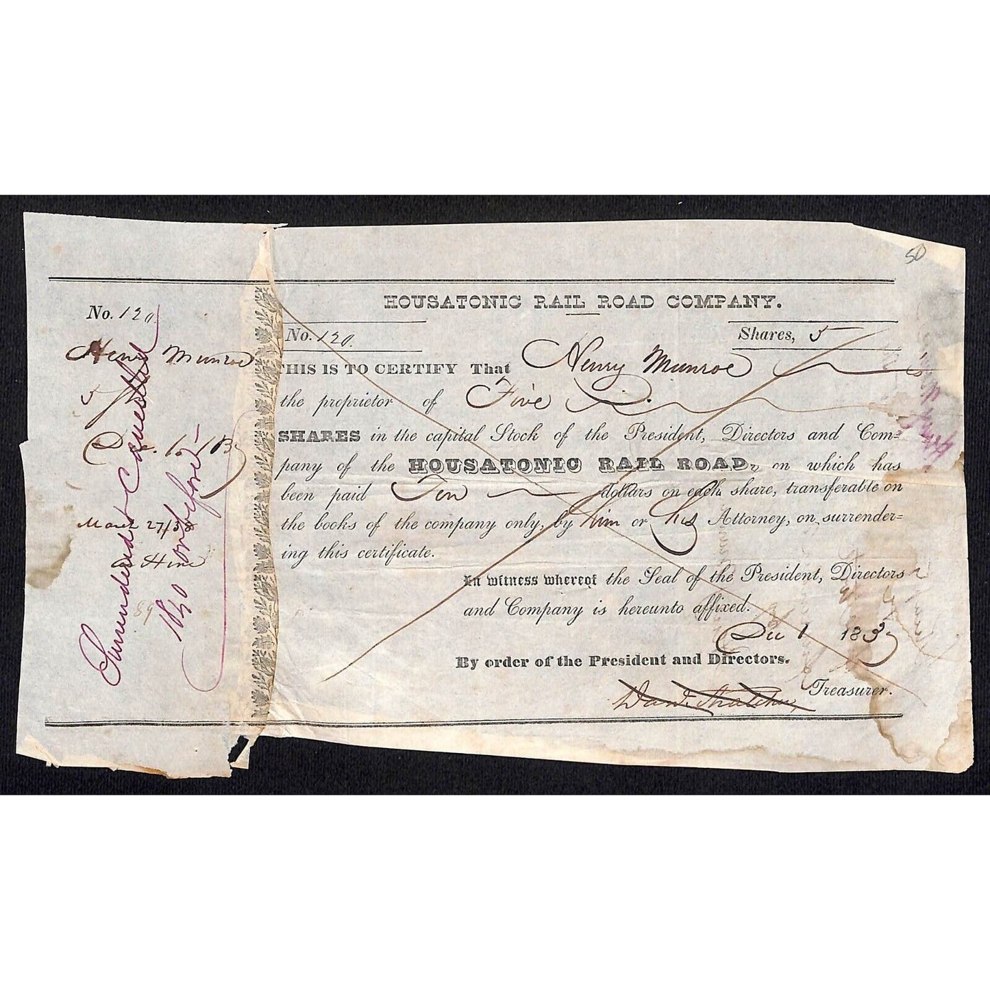 Housatonic Rail Road (CT) 1837 Stock Certificate Henry Munroe ? #120