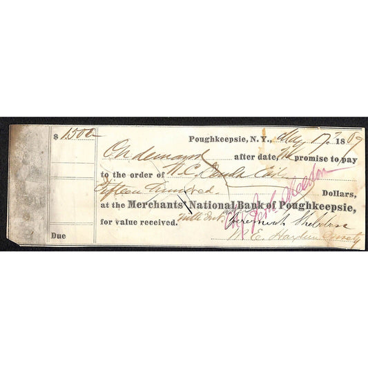1869 ? Merchant's NB Poughkeepsie, NY $1,500 Promissory Note w/ Rev Stamps