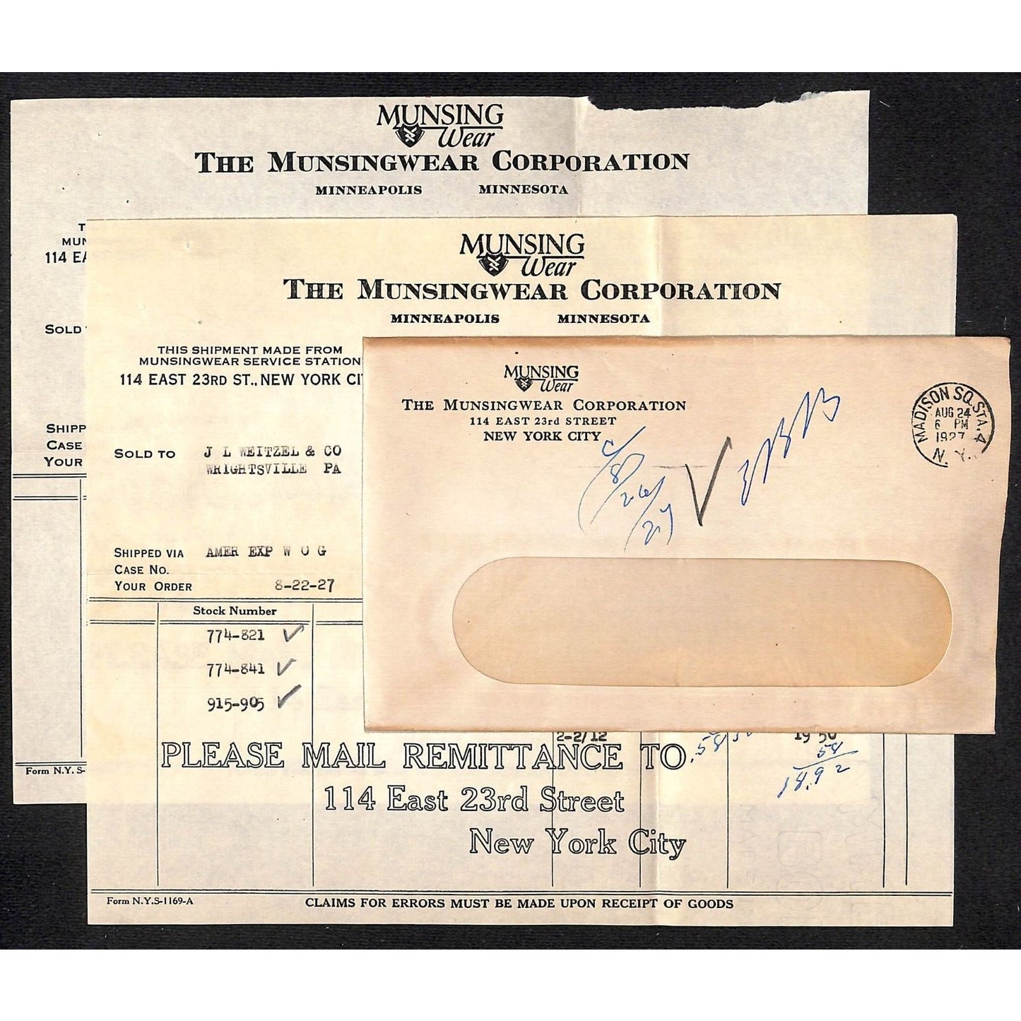 Munsingwear Munsing Wear (Underwear) 23rd St. NYC 1927 2 Billheads + Cover