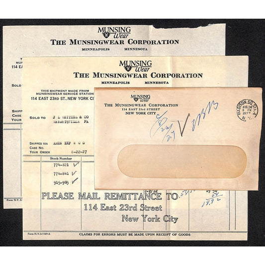 Munsingwear Munsing Wear (Underwear) 23rd St. NYC 1927 2 Billheads + Cover
