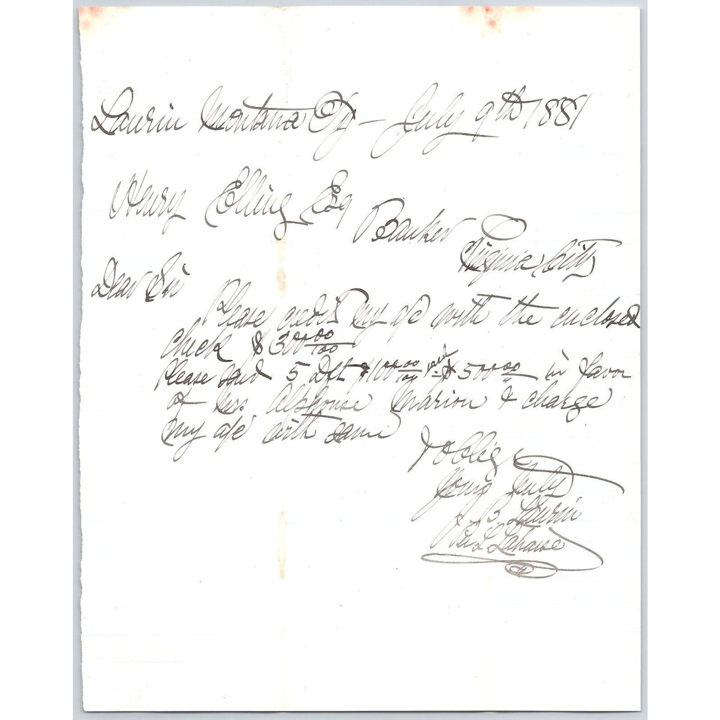 1881 ALS J.B. Laurin** Laurin, MT to Henry Elling* Virginia City, MT re: Payment