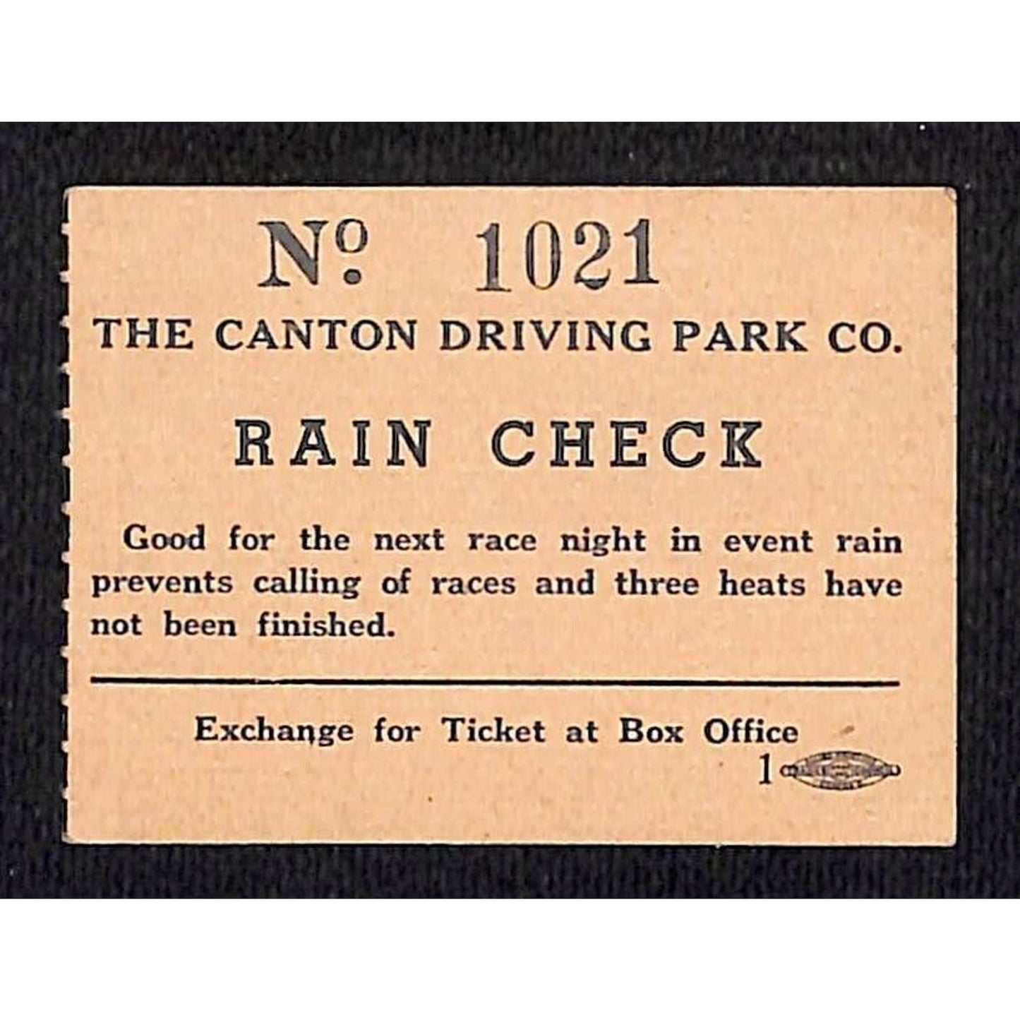Canton Driving Park Rain Check Stub #1021 Ohio Horse Races c1930's-40's? VGC